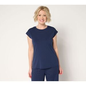 Anybody Women's Top Sz M Cozy Knit Cap Sleeve T-Shirt Embroidery Blue A689694